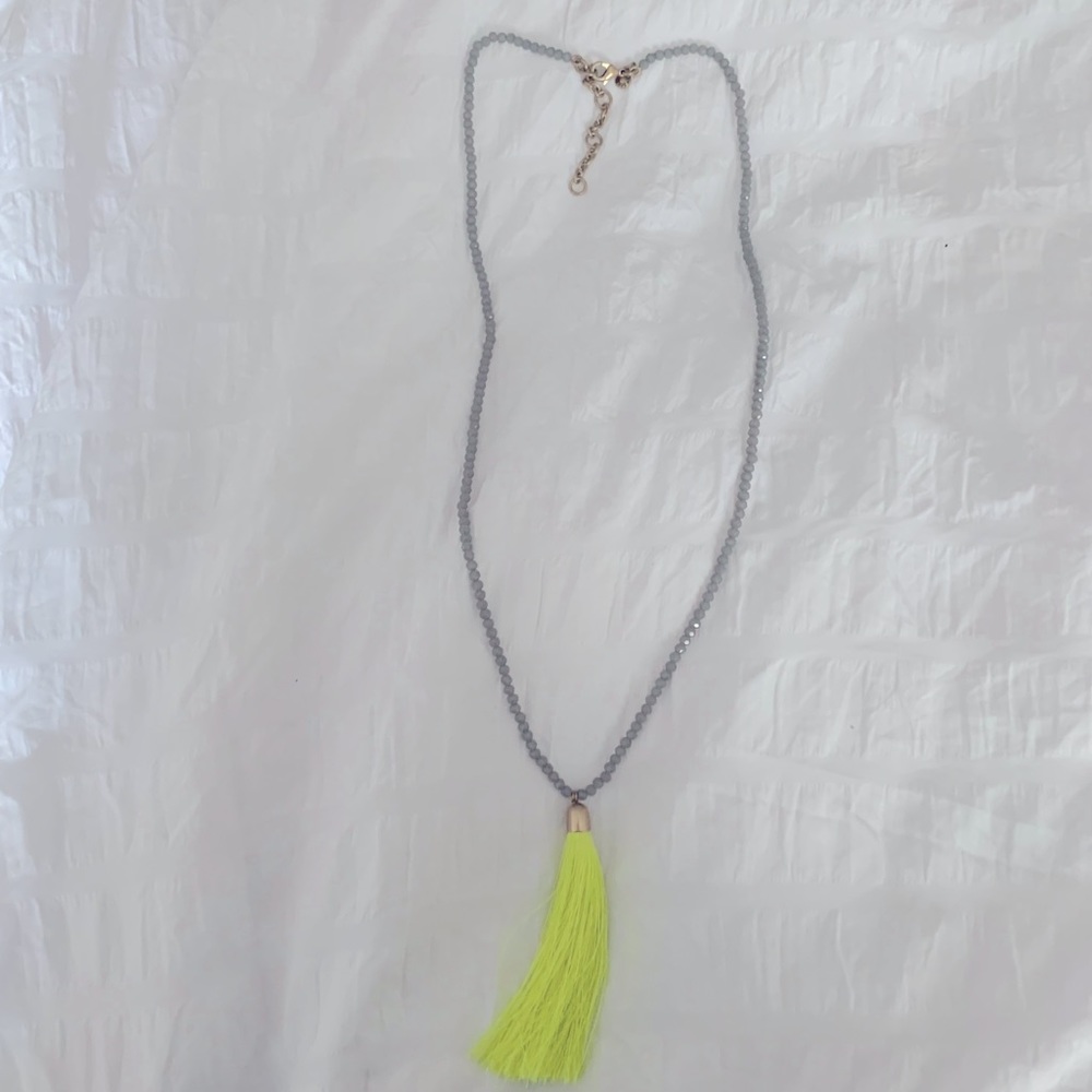 J. Crew Gray Bead Necklace with Neon Yellow Tassel